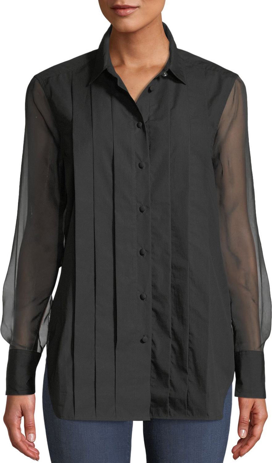 Equipment Jack Pleated Button-Front Long-Sleeve Semisheer Cotton Blouse