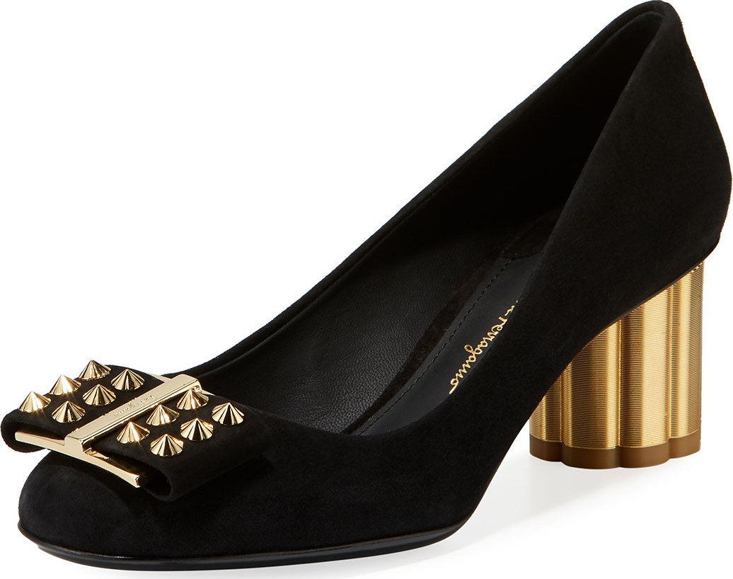Salvatore Ferragamo Vara Quilted Stud Bow Low-Heel Pumps