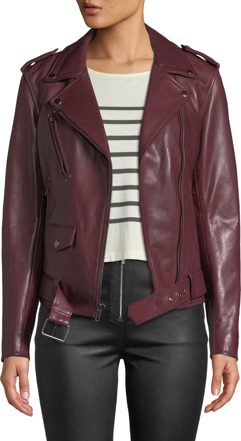 7 For All Mankind Zip-Front Leather Biker Jacket