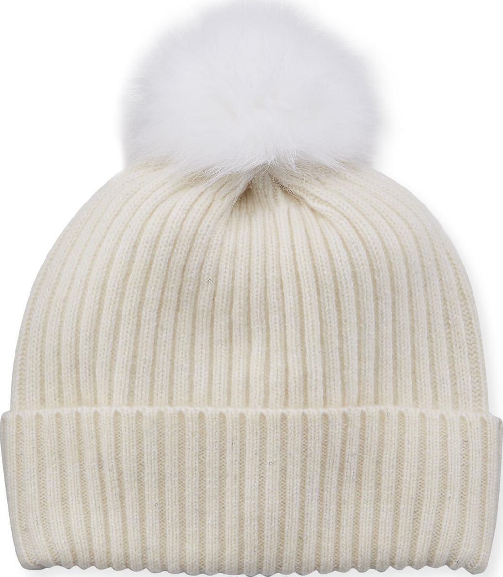 Sofia Cashmere Sequin Knit Hat w/ Fur Pompom, Ivory