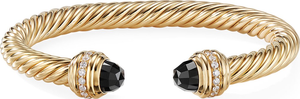 David Yurman 18k Gold Cable Bracelet w/ Onyx & Diamonds, Size M
