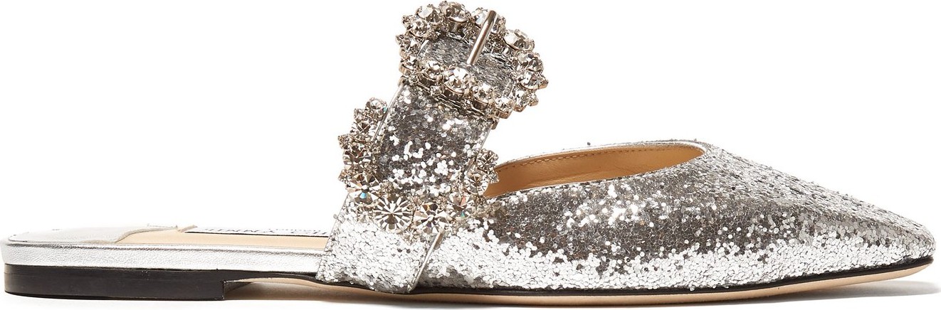 Jimmy Choo Gee crystal-buckle glittered backless flats