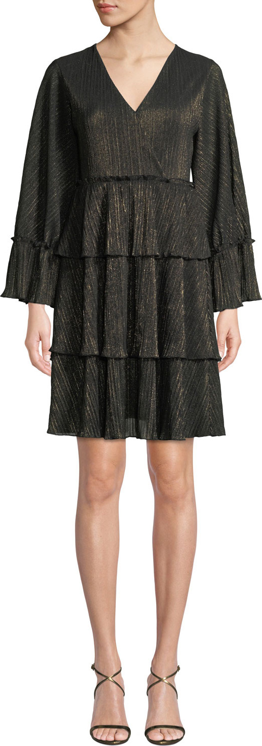 MICHAEL MICHAEL KORS V-Neck Full-Sleeve Metallic-Striped Ruffle Tier Dress MICHAEL MICHAEL KORS V-Neck Full-Sleeve Metallic-Striped Ruffle Tier Dress
