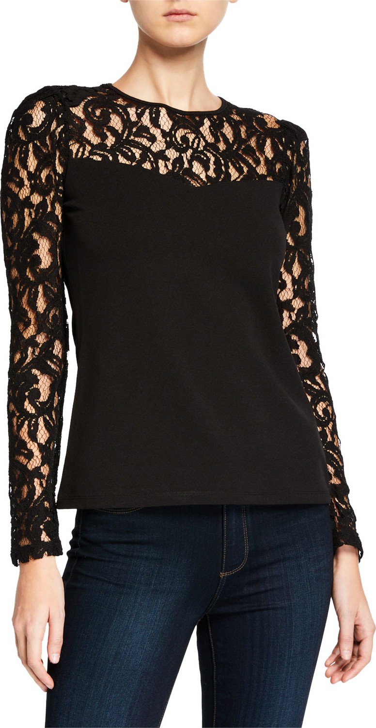 MICHAEL MICHAEL KORS Crewneck Long-Sleeve Lace Illusion Top