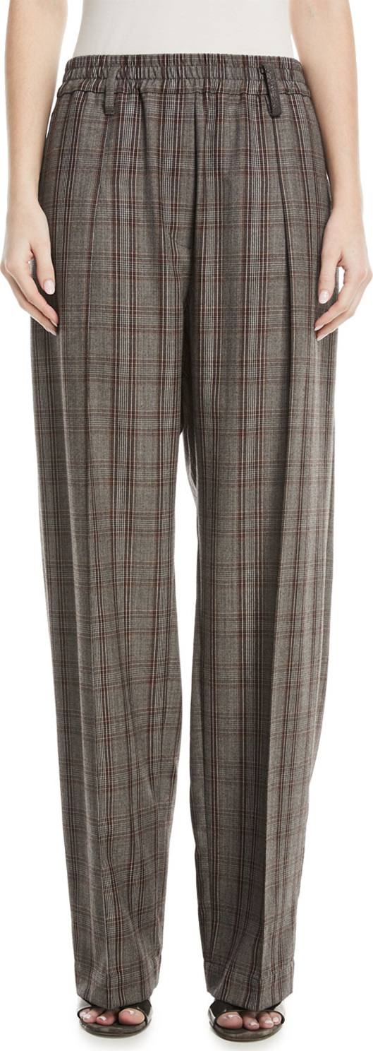 Brunello Cucinelli Elasticized-Waist Plaid Wool Pull-On Pants w/ Monili Belt Loop