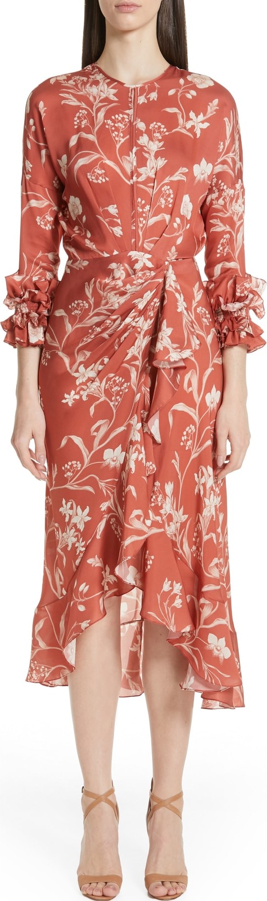 Johanna Ortiz Floral Print Ruffle Satin Dress