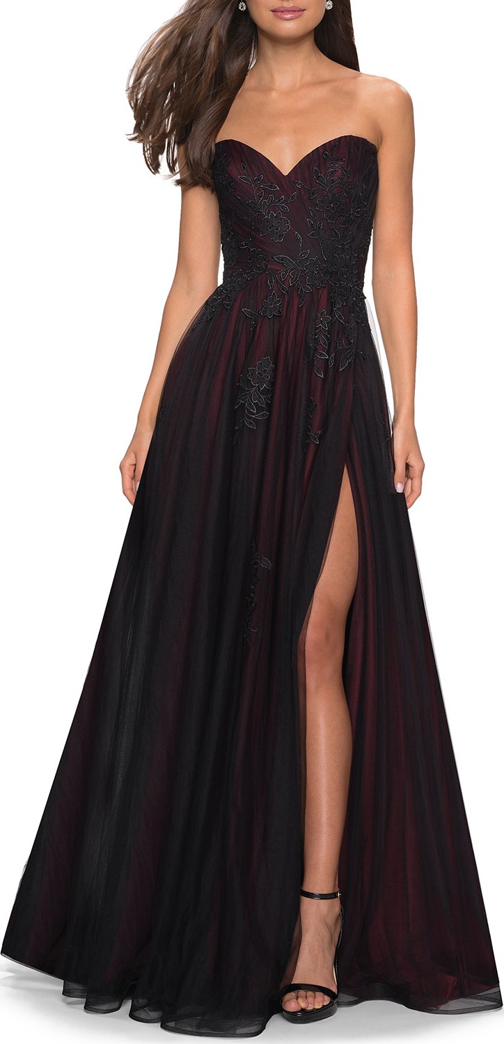 La Femme Sweetheart Strapless Tulle Gown with Floral Applique & Thigh-Slit