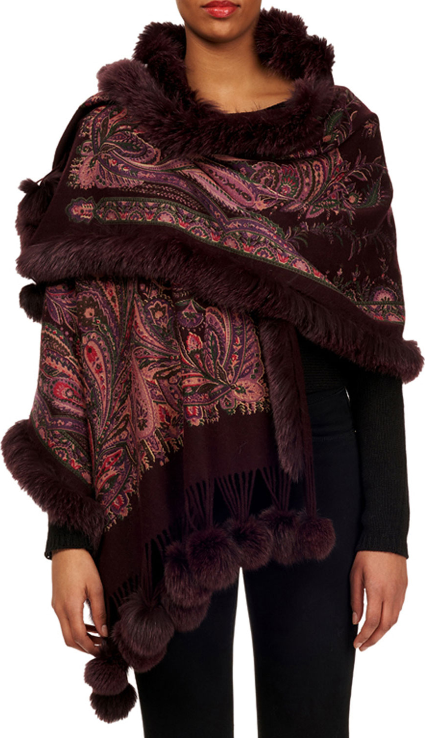 Gorski Paisley Cashmere Stole w/ Fur Trim