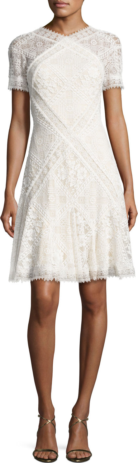 Tadashi Shoji Short-Sleeve Paneled Lace A-Line Dress, Ivory