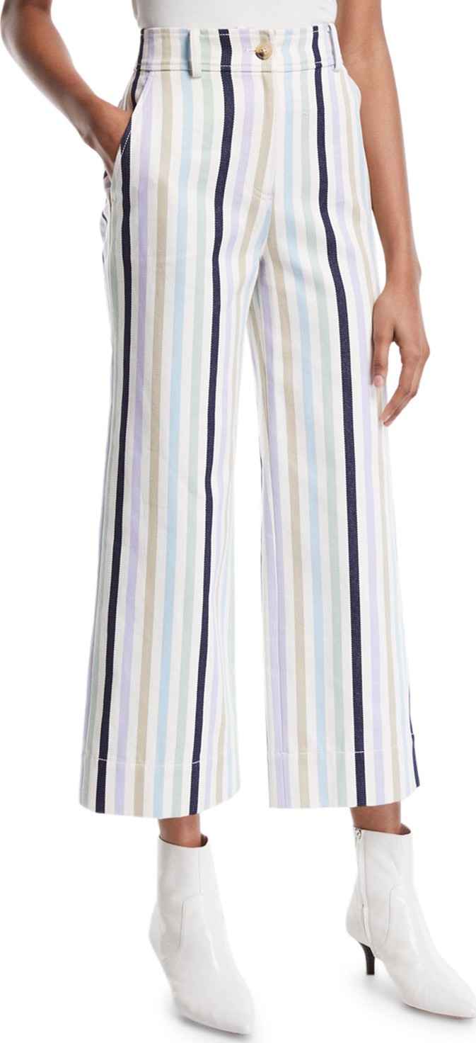 Tory Burch Wide-Leg Cropped Cotton Pants w/ Stripes Tory Burch Wide-Leg Cropped Cotton Pants w/ Stripes