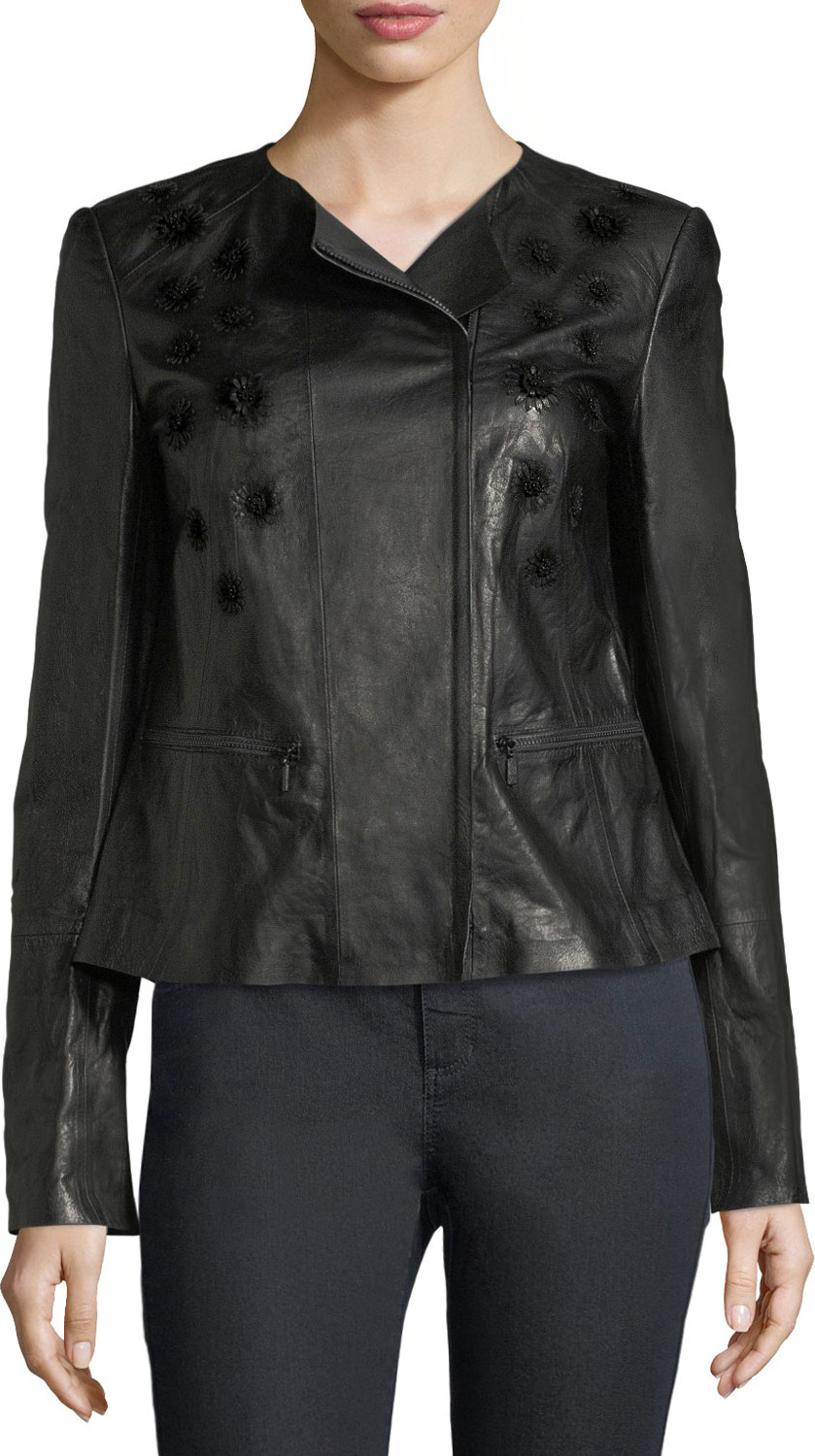Lafayette 148 New York Caridee Floral-Appliqué Leather Jacket