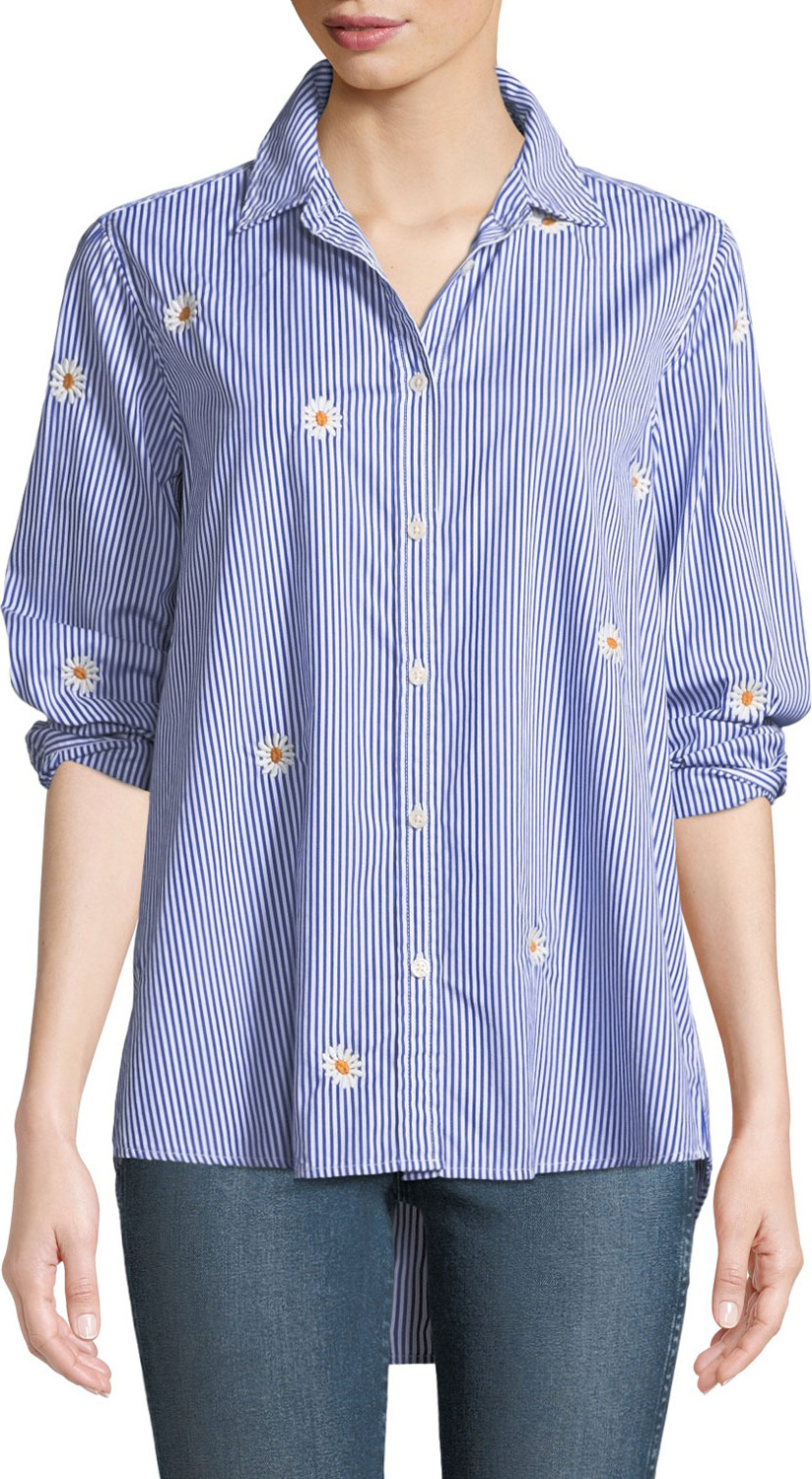 THE GREAT. The Oversized Button-Front Daisy-Embroidered Striped Oxford Shirt