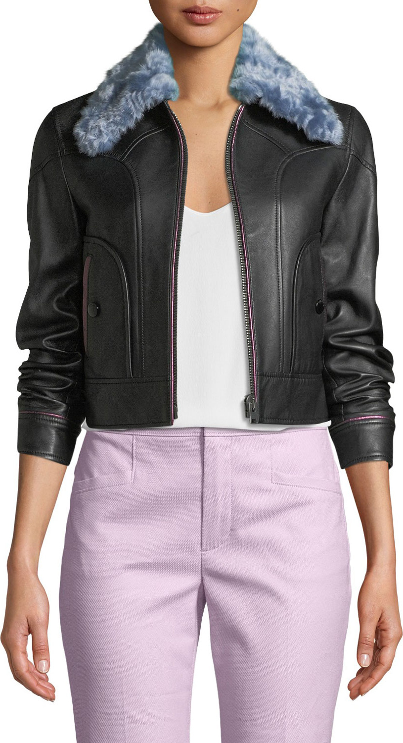 COACH x Selena Gomez Leather Jacket with Faux-Fur Collar