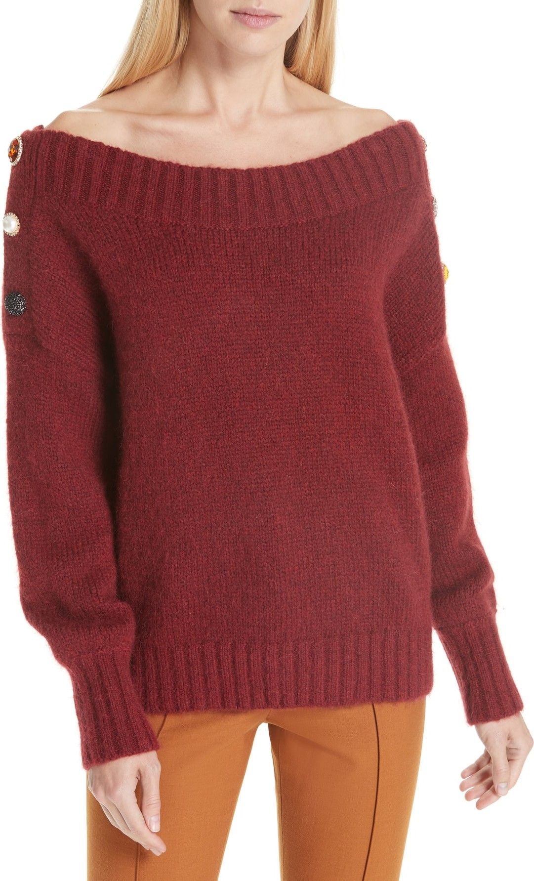 Veronica Beard Chase Button Detail Off the Shoulder Sweater