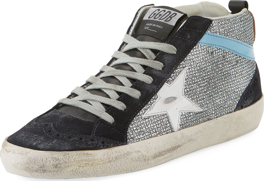 Golden Goose Deluxe Brand Mid-Top Star Glitter Sneaker, Black/Silver