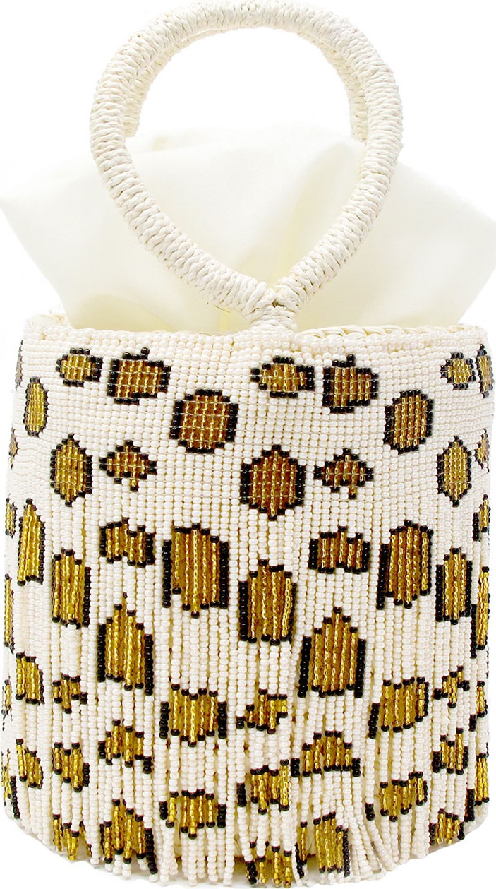 Sensi Studio Beaded Fringe Leopard-Print Mini Bucket Bag