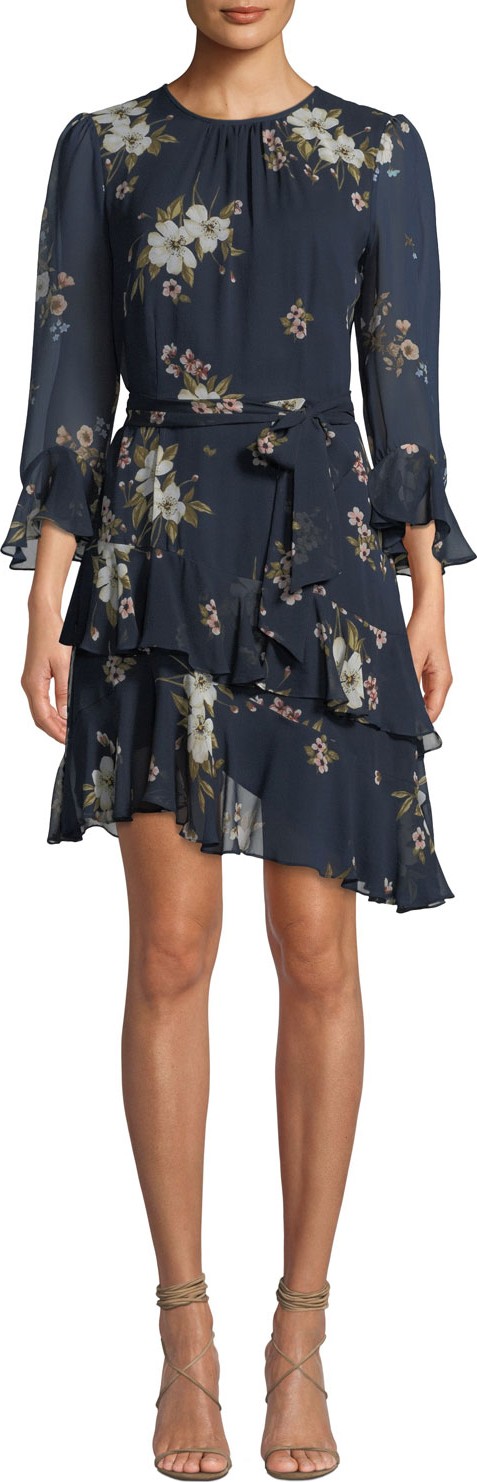 Joie Kayane 3/4-Sleeve Asymmetric-Ruffle Floral-Print Silk Dress