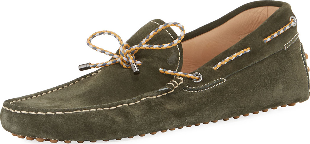Tod's Gommini Suede Driver with Braided Tie, Green