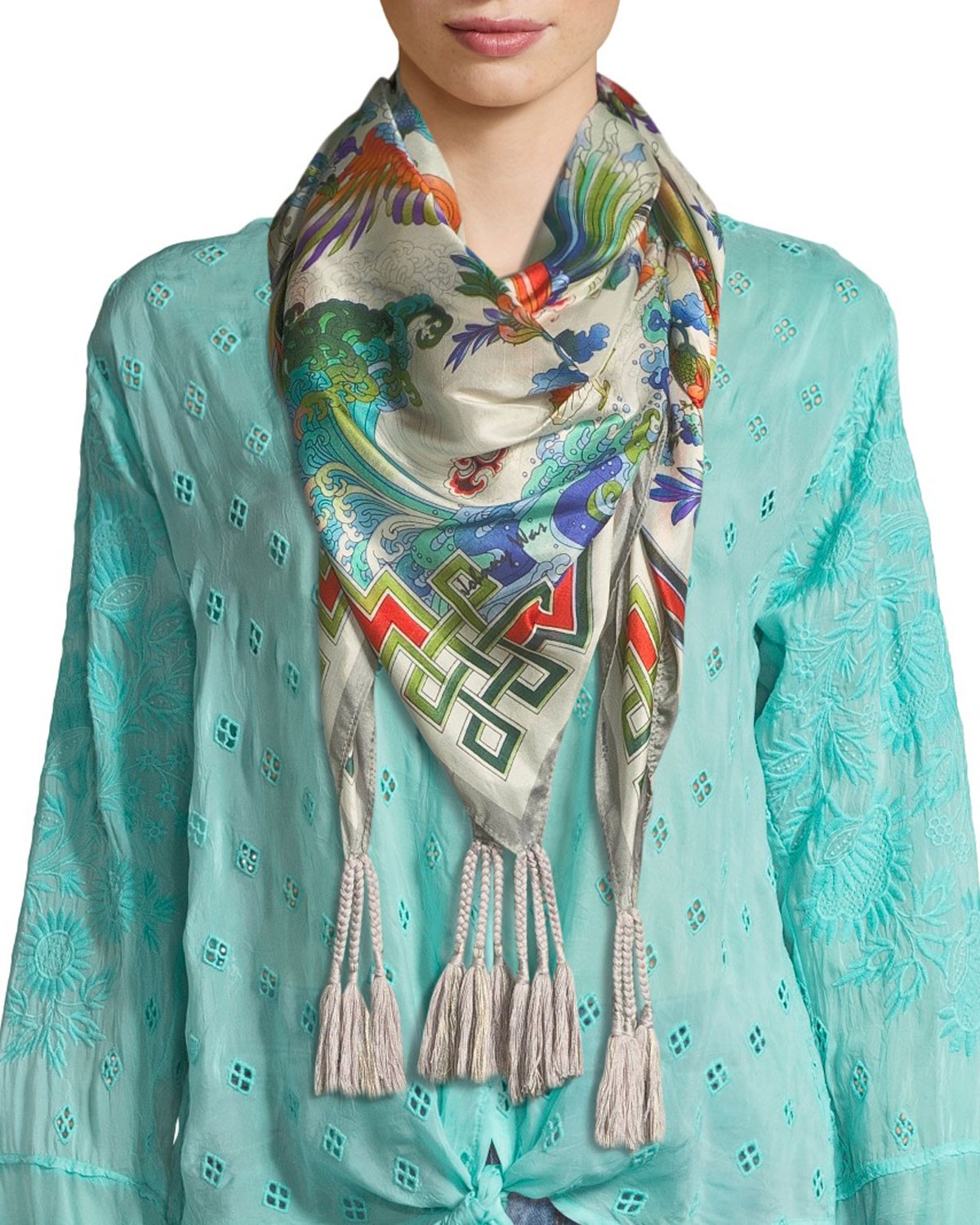 Johnny Was Blue Sky Silk Georgette Scarf with Tassels