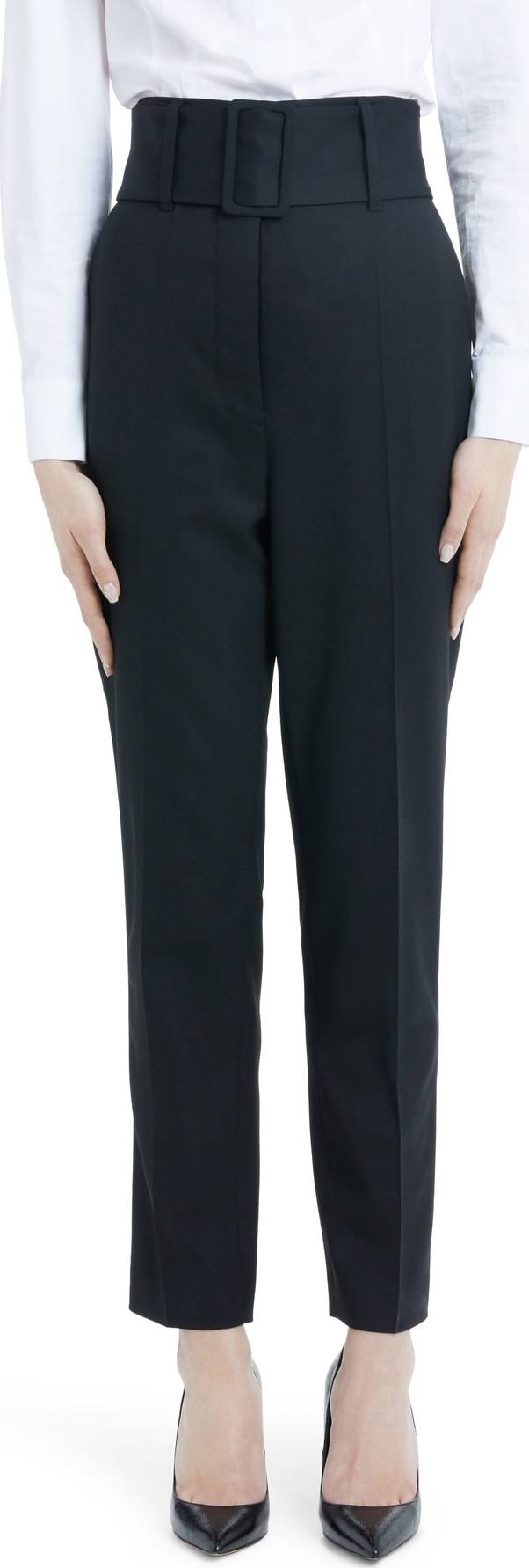 Sara Battaglia Belted Stretch Wool Straight Leg Pants