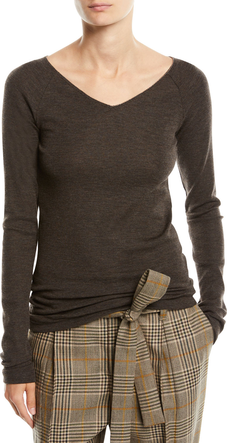 Brunello Cucinelli V-Neck Long-Sleeve Wool Jersey Sweater w/ Monili Trim