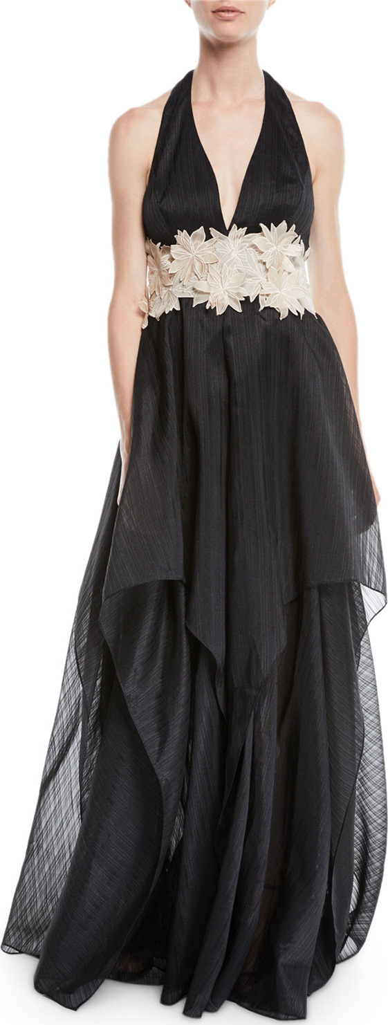 HALSTON HERITAGE Organza Halter Gown w/ Embroidered Waist