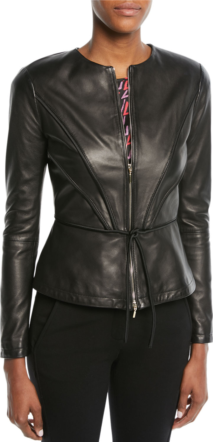 Emporio Armani Zip-Front Pleated Leather Jacket w/ Tie Detail