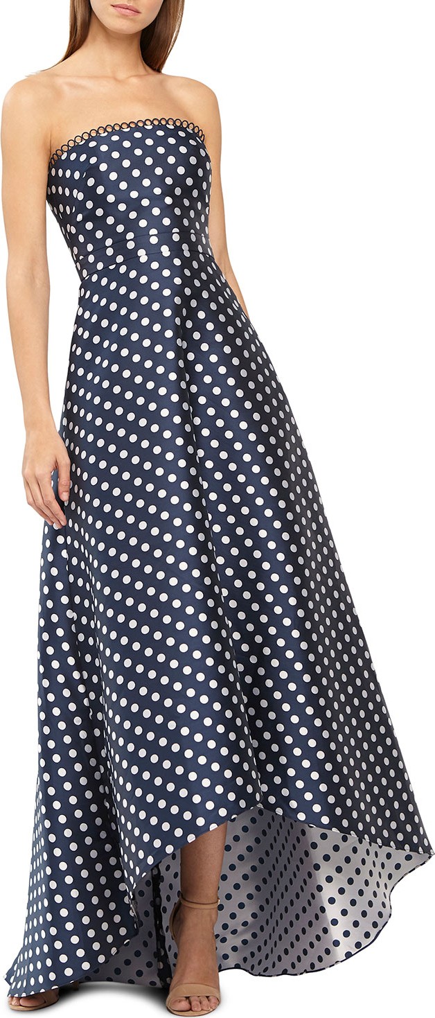 ML Monique Lhuillier Strapless Polka-Dot High-Low Dress