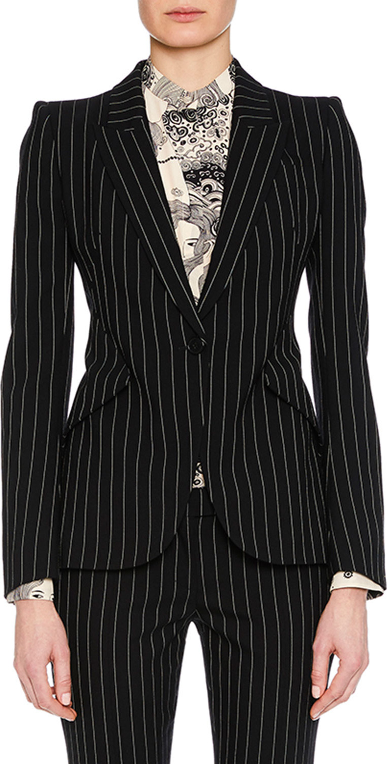 Alexander McQueen Peak-Lapel Single-Breasted Pinstripe Classic Blazer