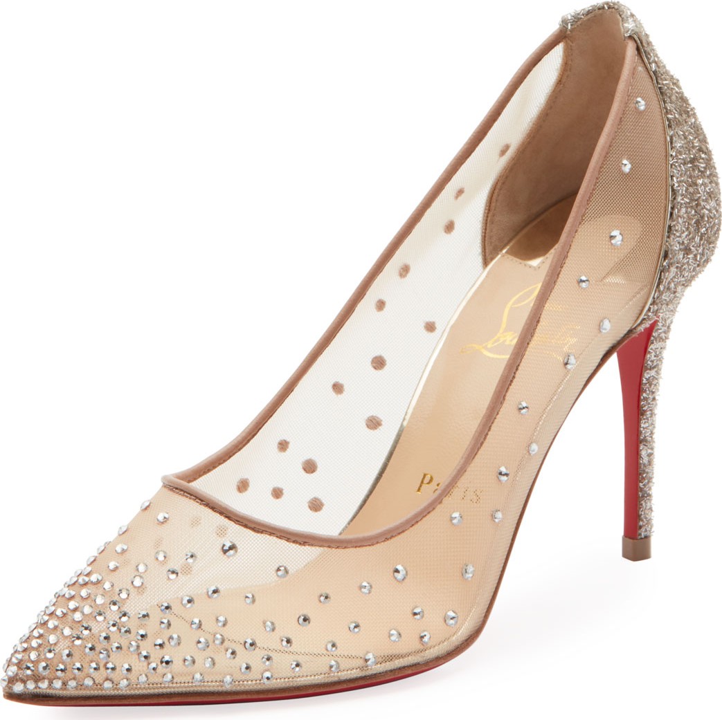 Christian Louboutin Follies Strass 85mm Glitter-Heel Mesh Red Sole Pumps