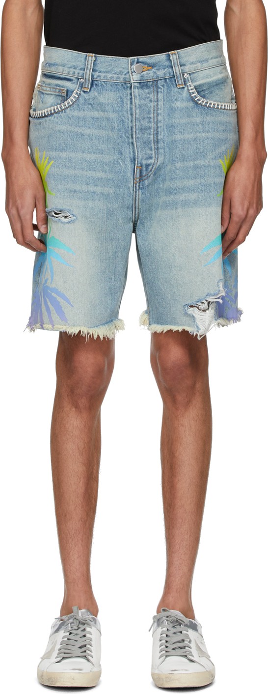 Amiri Indigo & Multicolor Denim Leaves Shorts