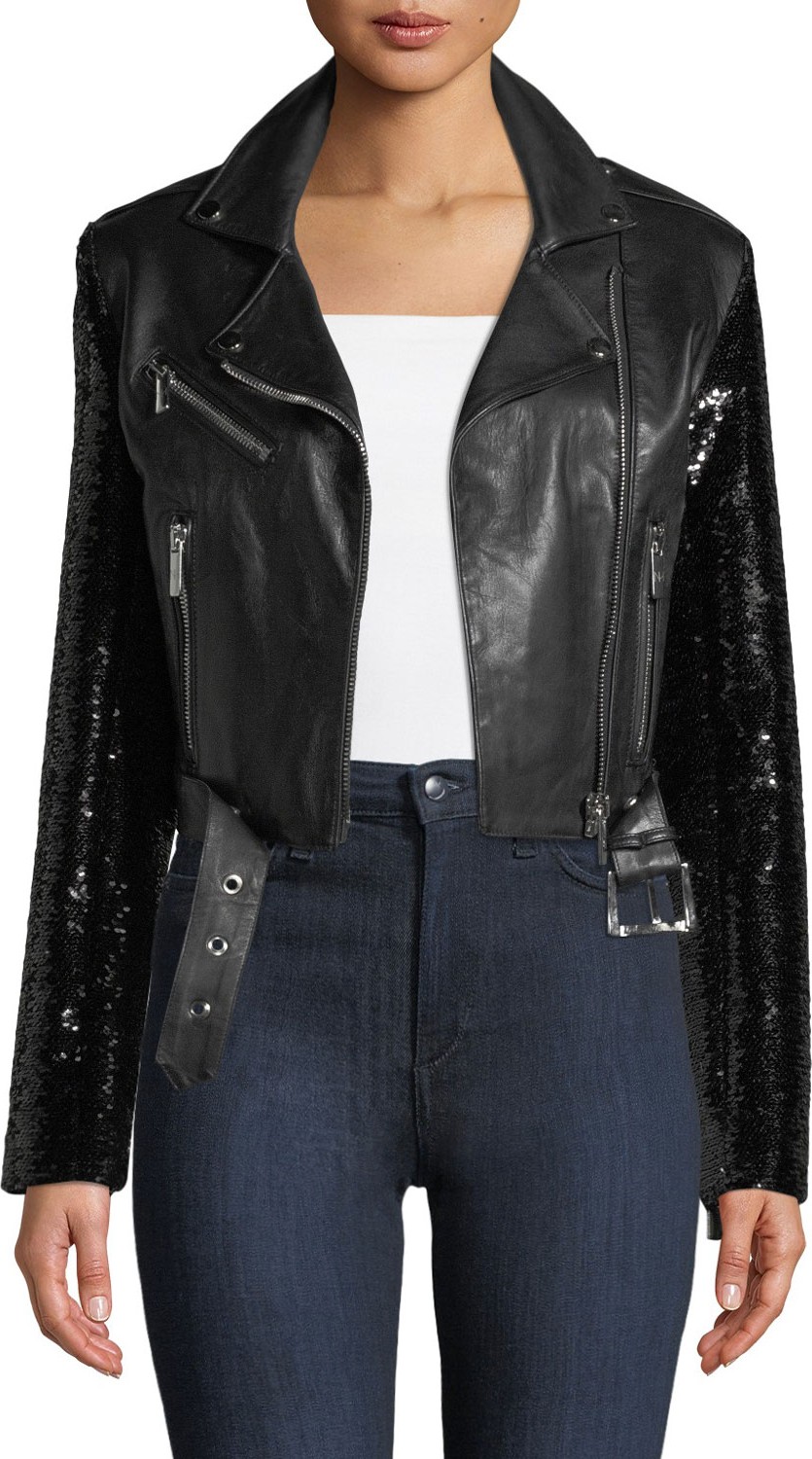 Nour Hammour Let's Dance Cropped Leather Jacket w/ Sequin Sleeves