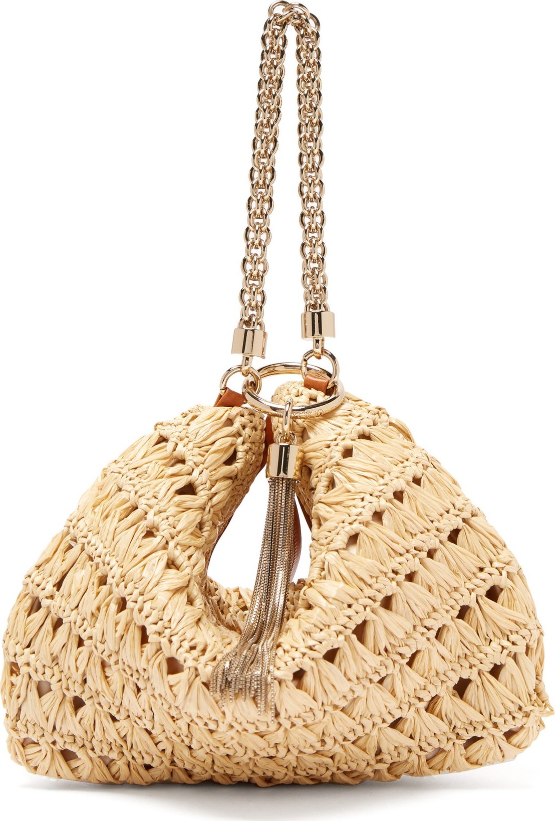 Jimmy Choo Callie woven-raffia chain-tassel clutch
