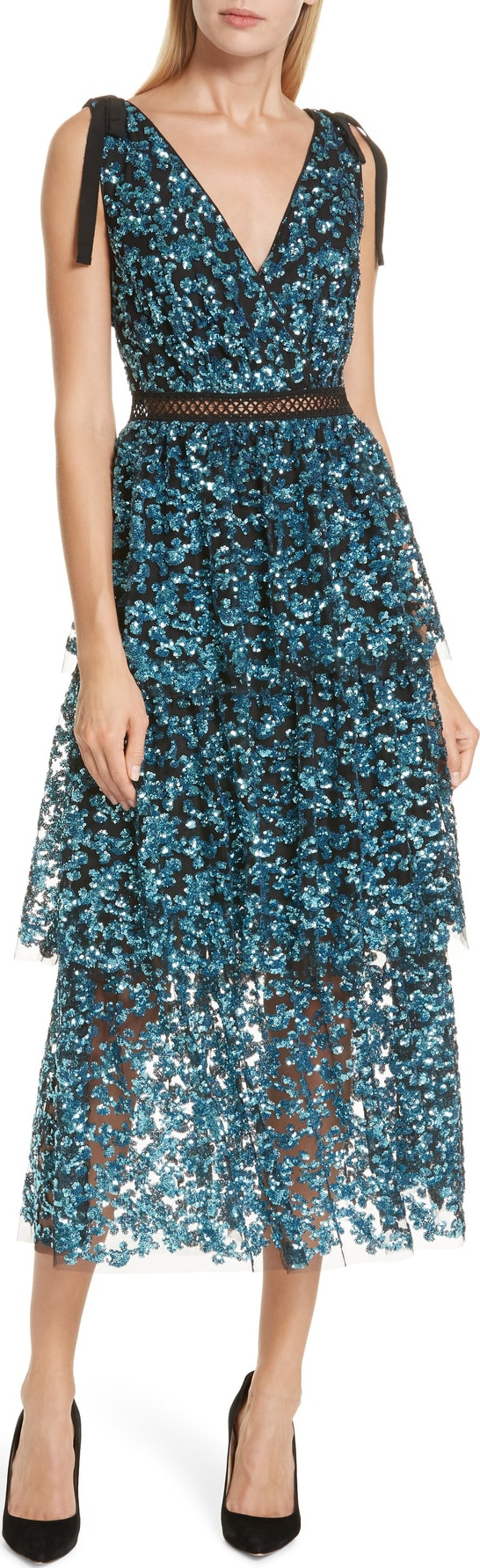 Self Portrait Tiered Sequined Midi Dress