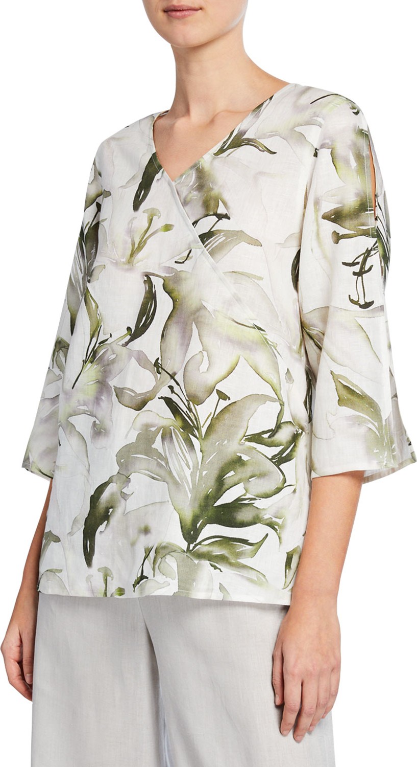 Caroline Rose Havana Lily-Print 3/4-Sleeve Linen Top