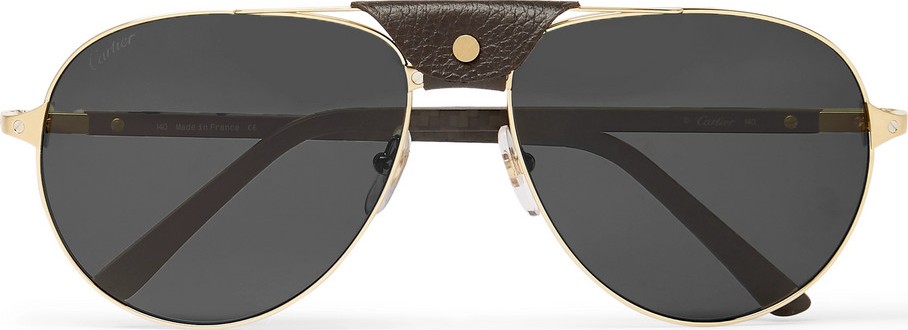 Cartier Aviator-Style Leather-Trimmed Gold-Tone Sunglasses
