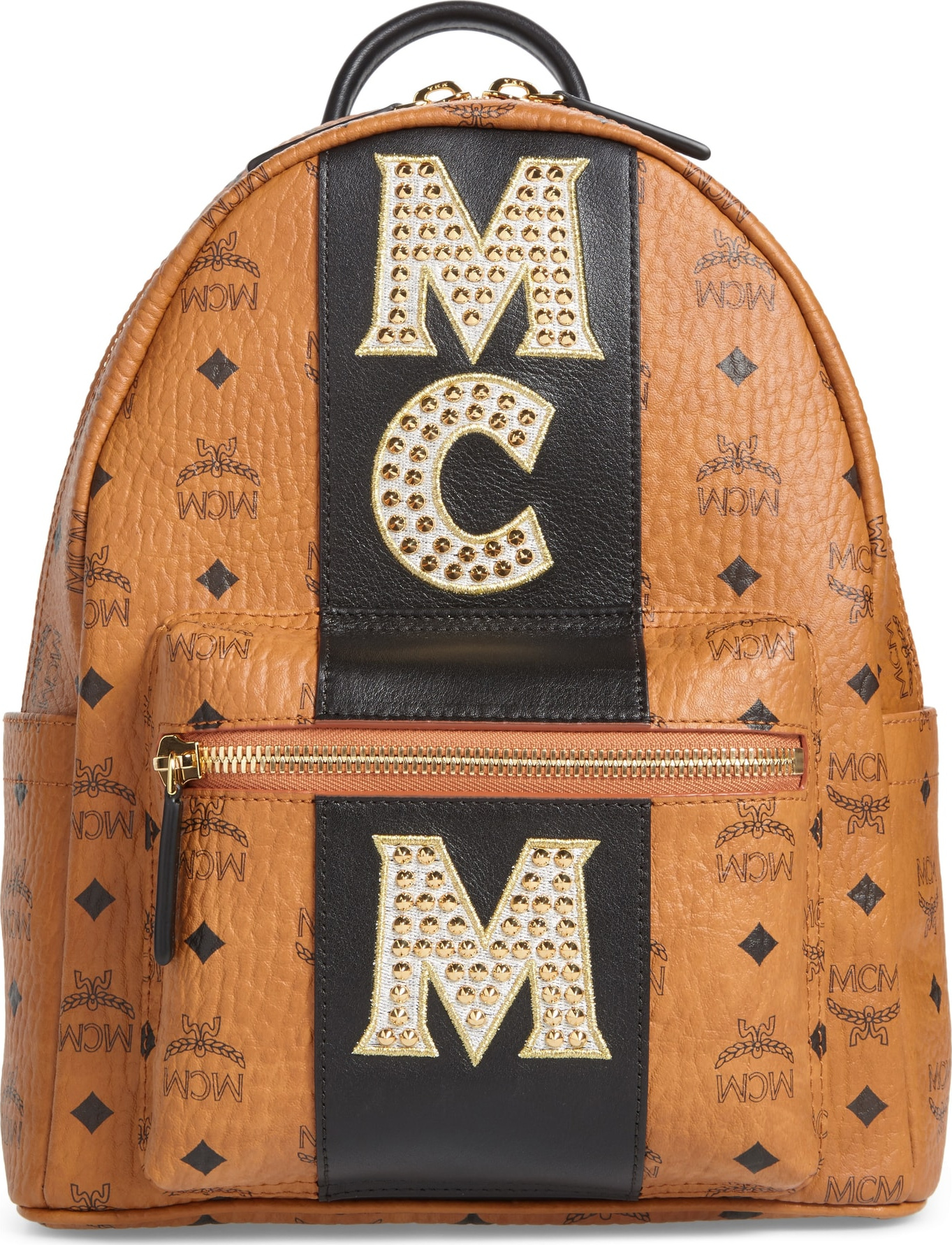 MCM Stark Stripe Studs Coated Canvas Backpack