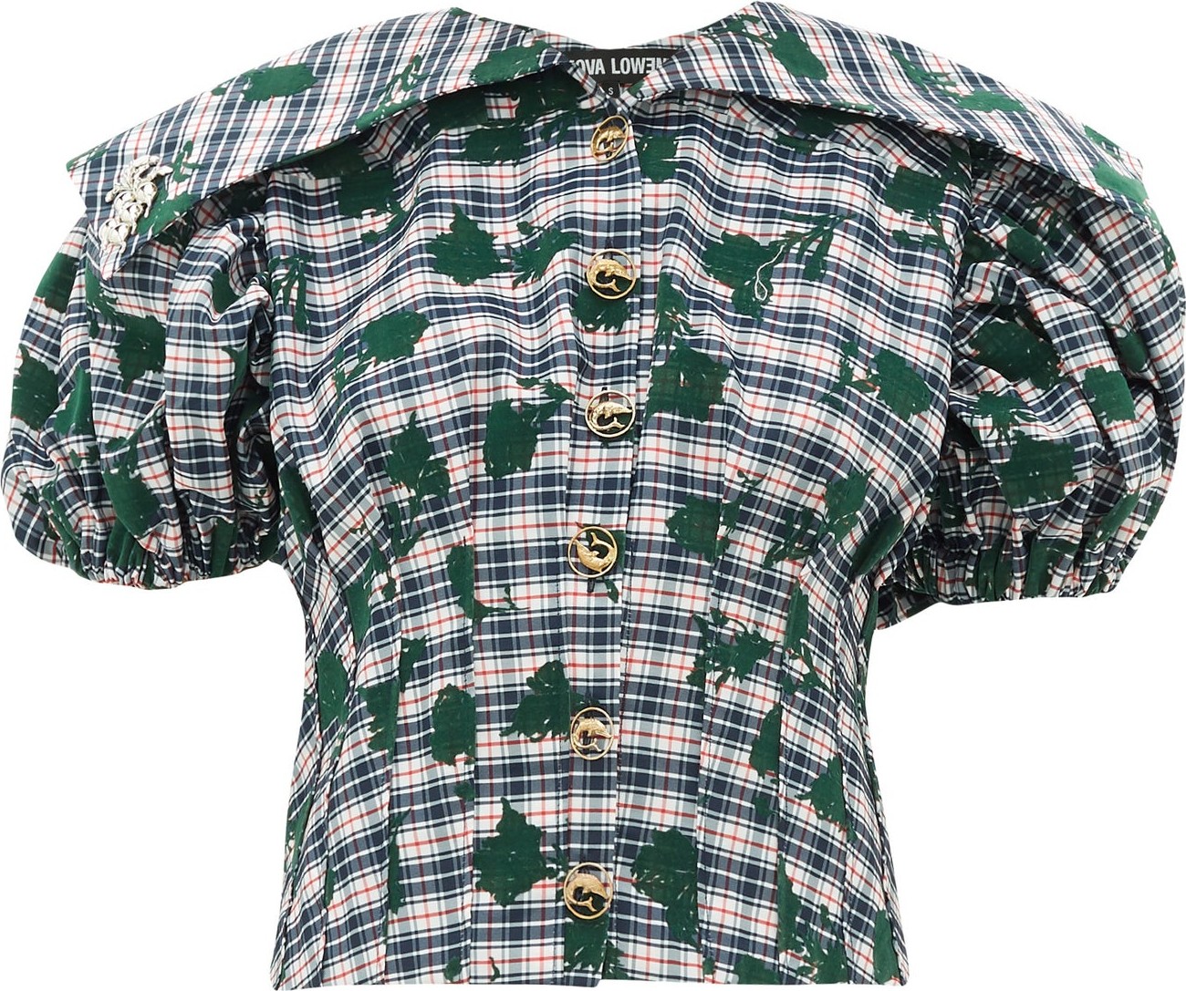 Chopova Lowena Checked floral-flocked puff-sleeve top