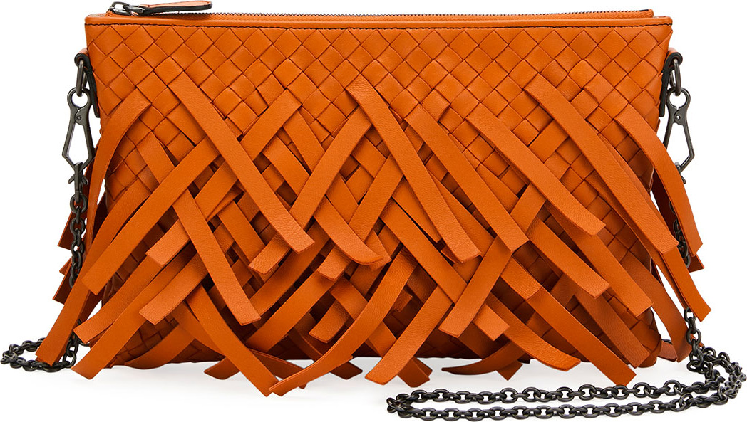 Bottega Veneta Palio Fringe Woven Leather Zip-Top Pouch Crossbody Bag