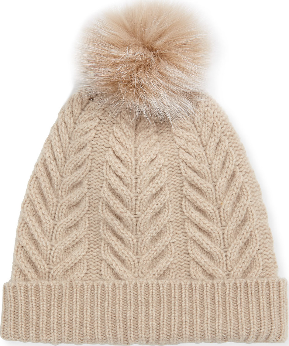 Sofia Cashmere Staghorn Cable Knit Hat w/ Fur Pompom, Beige