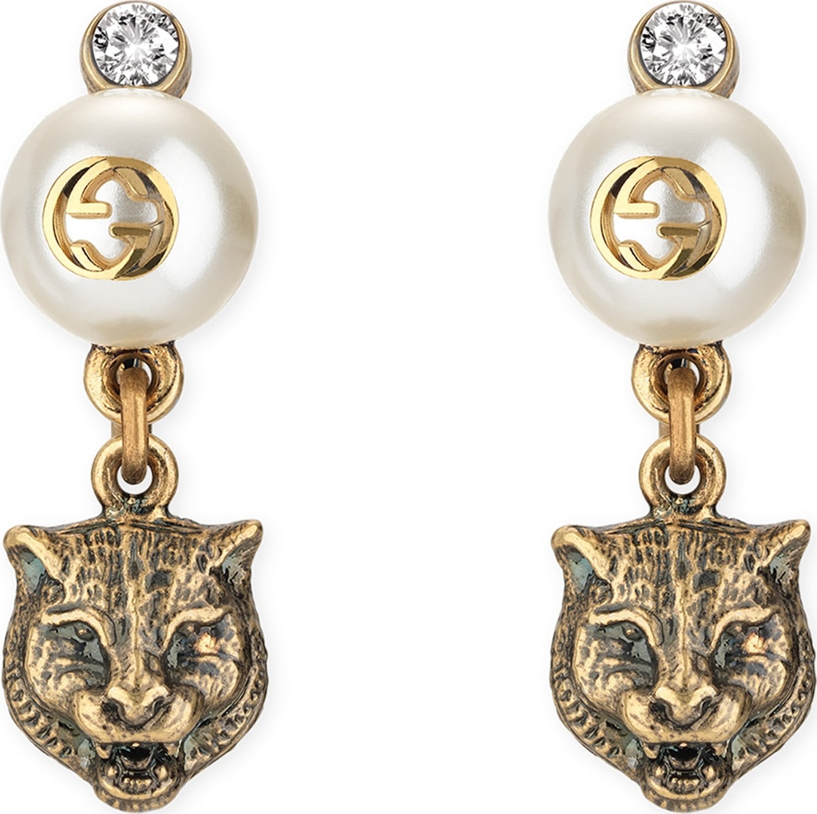 Gucci Feline Head Faux Pearl Earrings