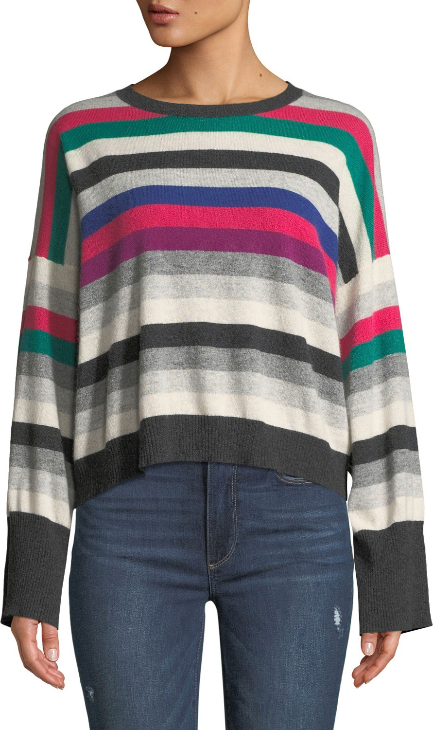Autumn Cashmere Striped Wide-Sleeve Cashmere Sweater