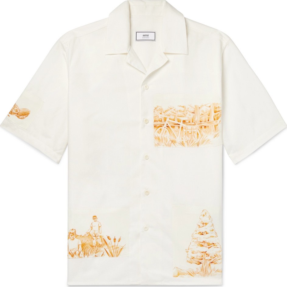 AMI Camp-Collar Appliquéd Cotton, Linen and Ramie-Blend Shirt