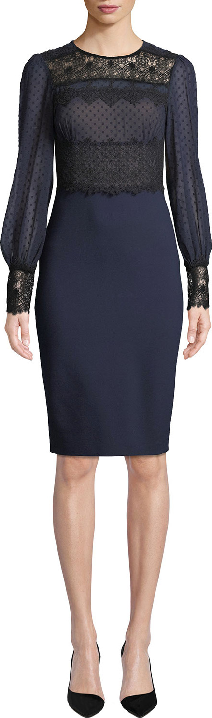 Catherine Deane Lillian Sheer Dot & Lace Long-Sleeve Dress