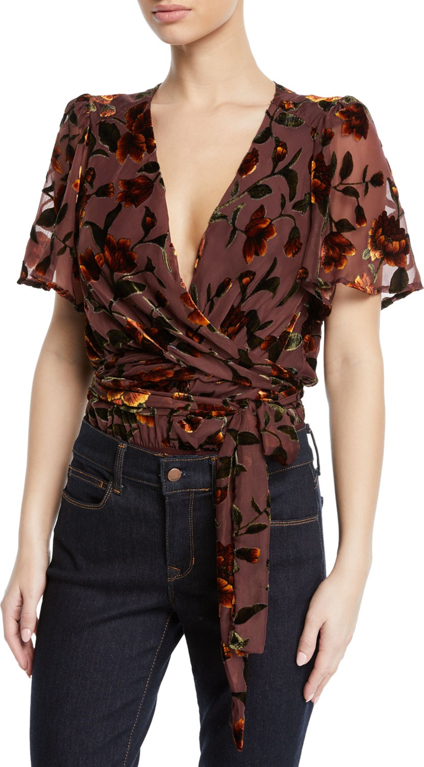 ASTR Veda Floral Velvet Wrap-Front Bodysuit