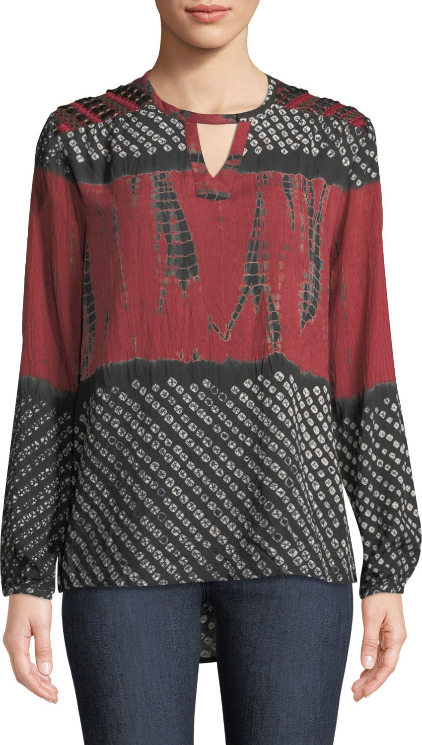 Tolani Caitlyn Long-Sleeve Tie-Dye Print Blouse w/ Embroidered Detail