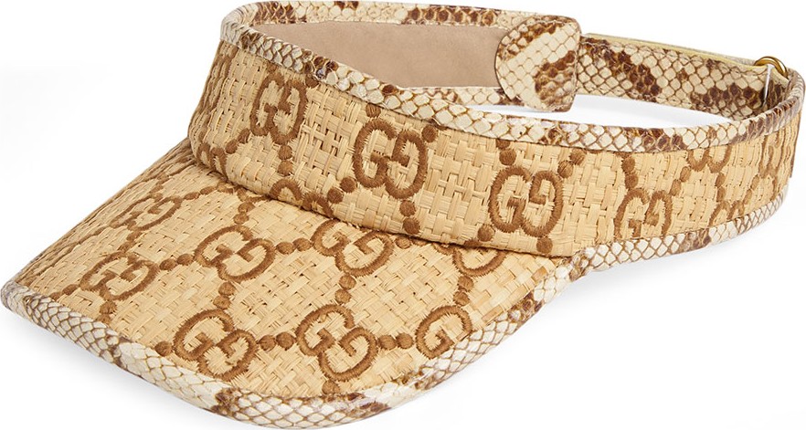Gucci Raffia Interlocking G Embroidered Visor w/ Snakeskin Trim