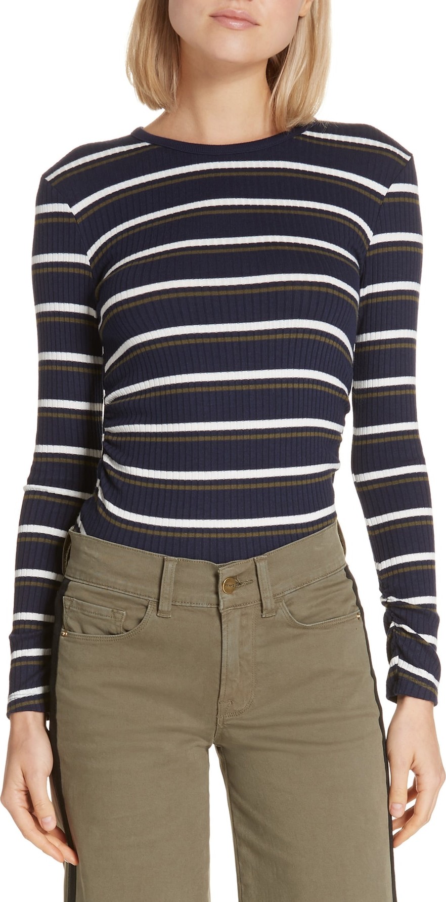 FRAME DENIM Stripe Ribbed Shirred Cuff Top