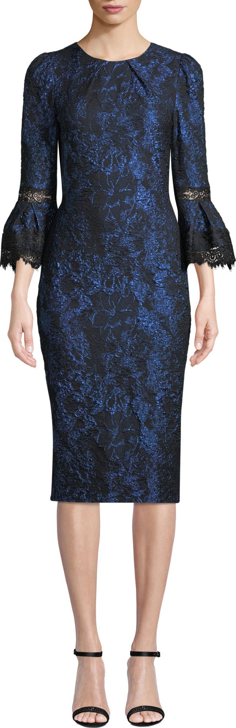 Theia Tulip-Sleeve Brocade Dress