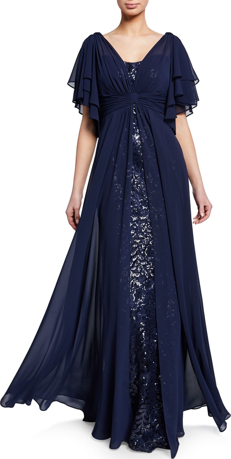 Rickie Freeman for Teri Jon Beaded Lace Gazar Flutter-Sleeve Gown w/ Asymmetric Chiffon Overlay